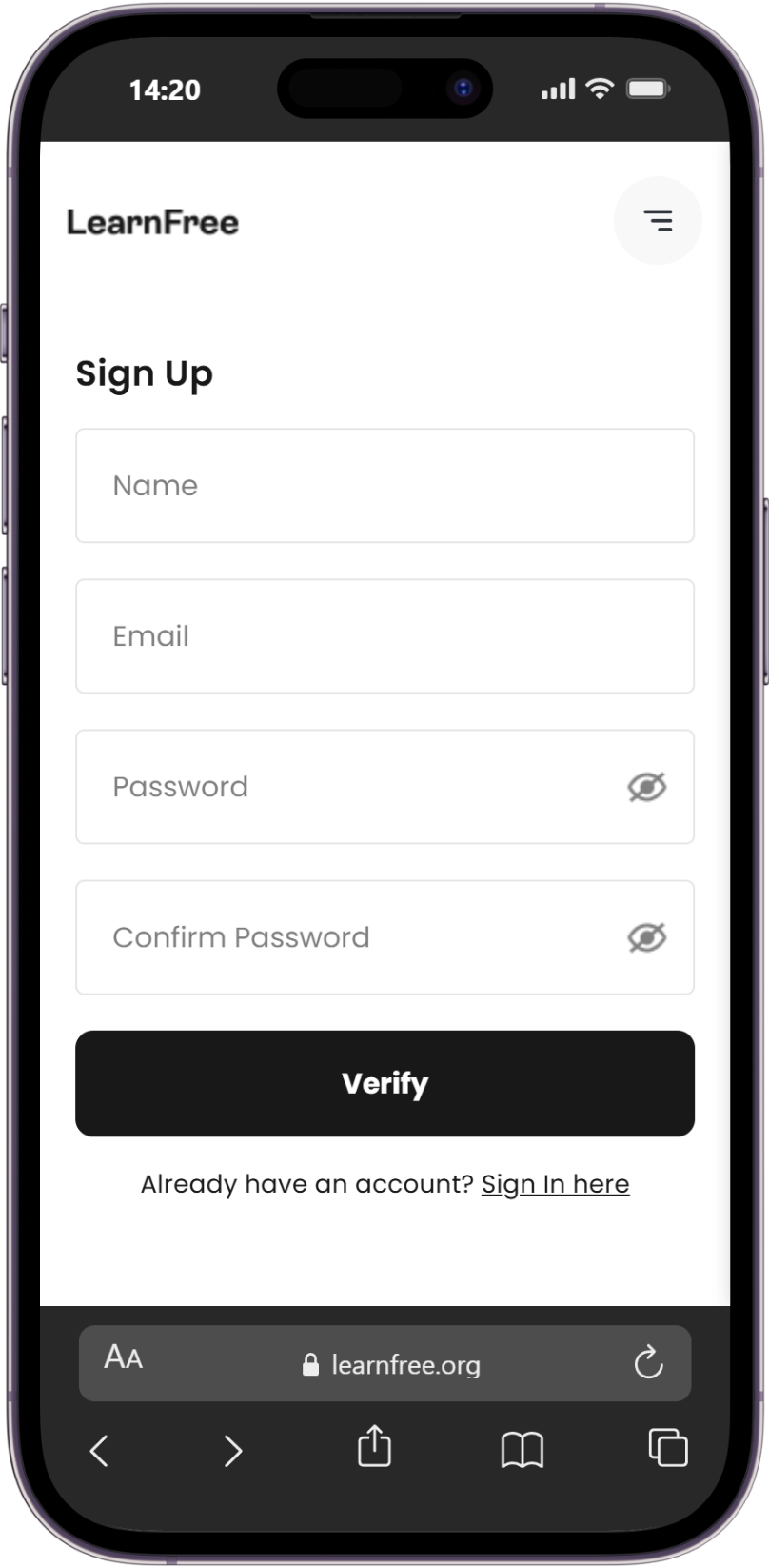 LearnFree create account screen