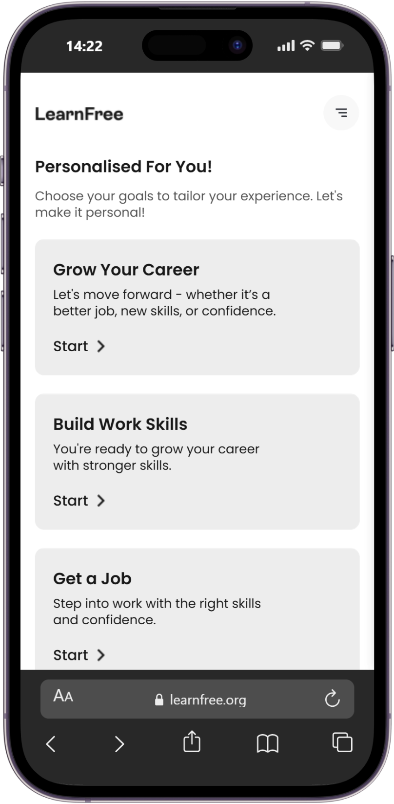 LearnFree goal selection screen